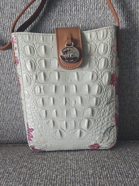 Brahmin Handbags - Brahmin Cream Croc-Embossed Crossbody with Pink Floral Trim and Tan Strap
